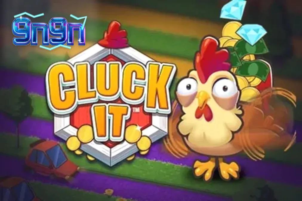 Tampilan visual game Cluck It dengan karakter ayam di latar belakang pertanian